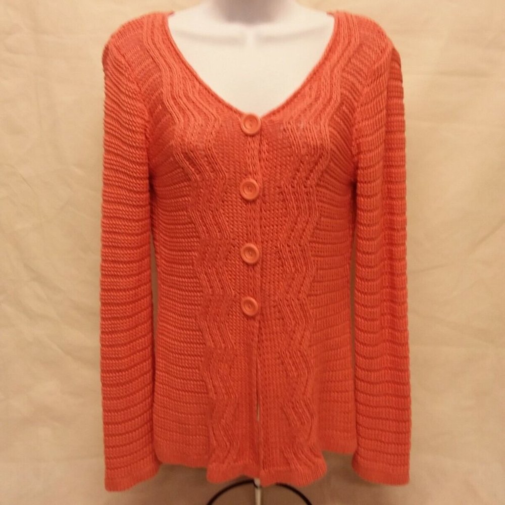 Women's Small Tivoli Long Sleeve Solid CORAL V-Neck Cardigan Sweater